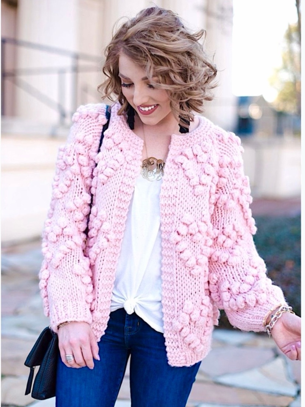 ChicWish Knit Your Love Baby Pink Oversized Heart Popcorn Cardigan Sweater